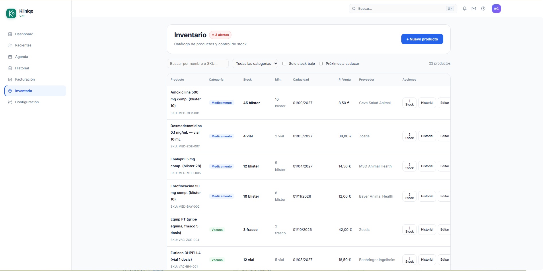 Control de inventario y stock en Kliniqo Vet